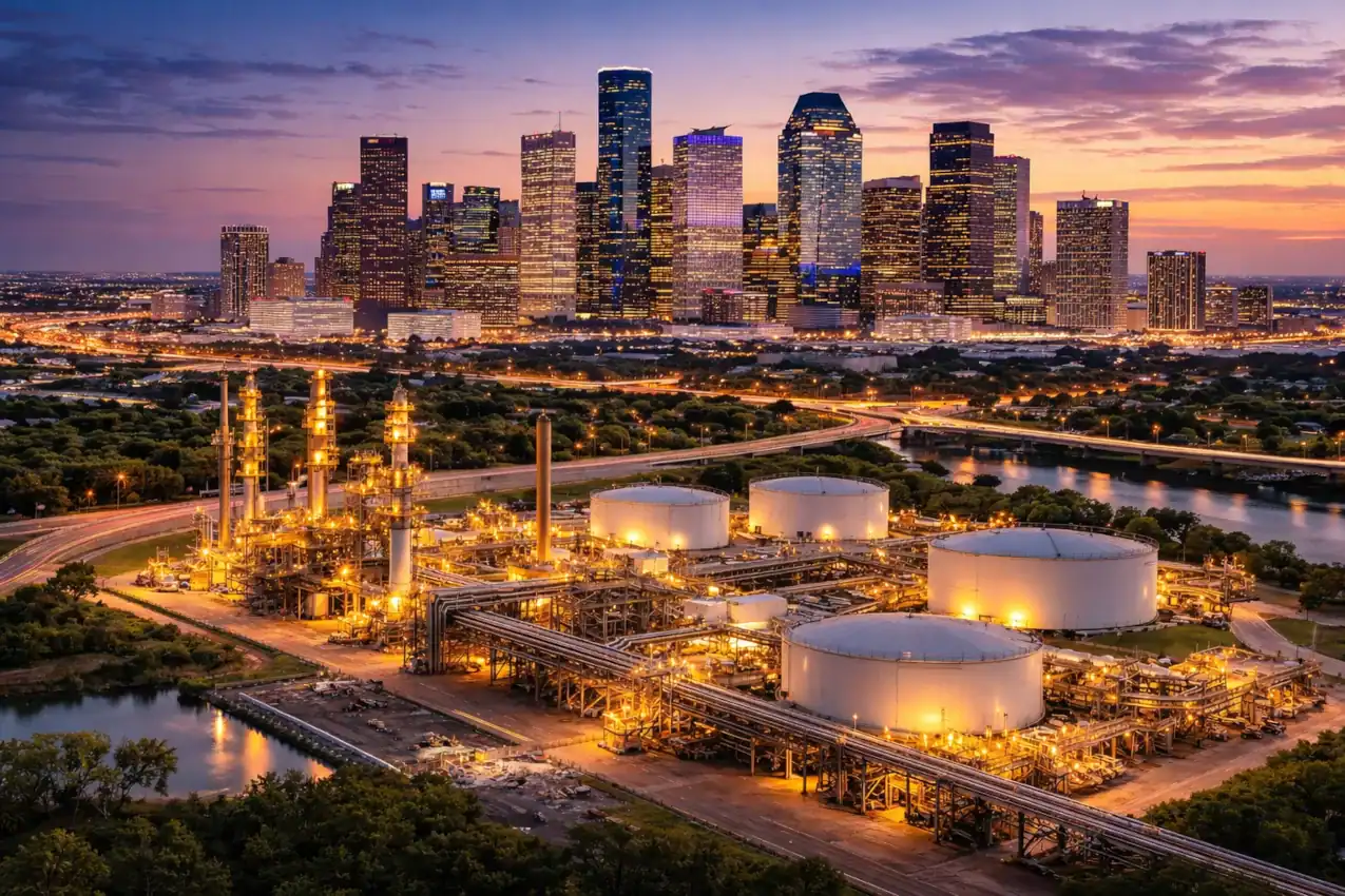 Houston skyline at dusk with energy refinery, representing oil and gas financial planning in Houston