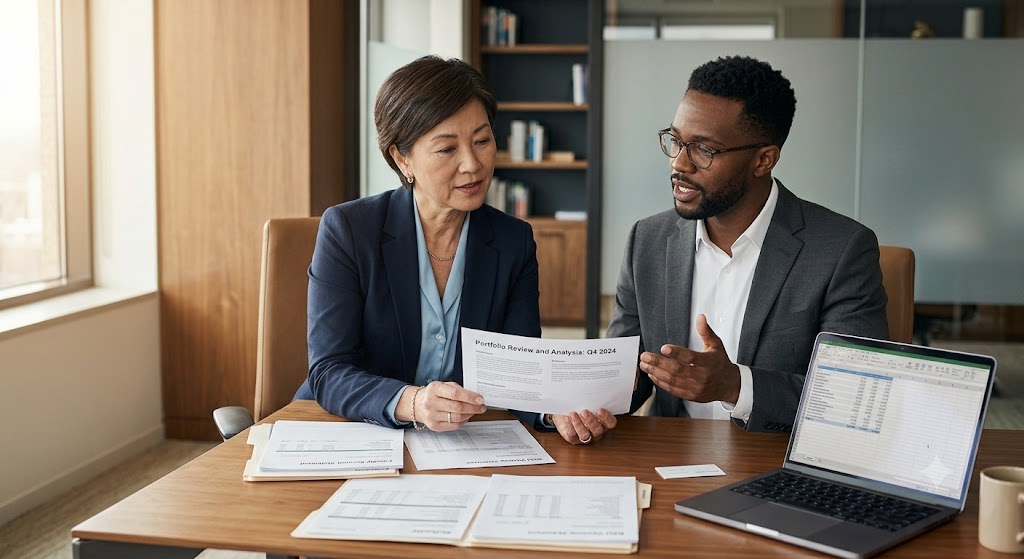 Financial advisor reviewing concentrated stock position with executive client, Houston wealth management